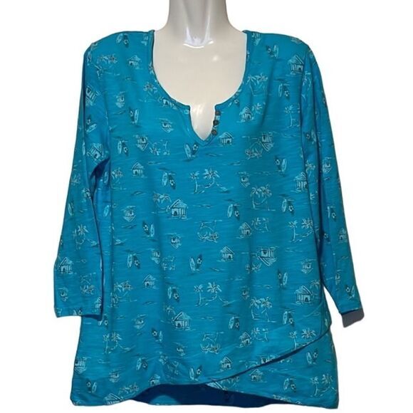 Fresh Produce women’s boxy pullover Size Medium Hawaiian Print Split Neck Blue‎ - Picture 1 of 8